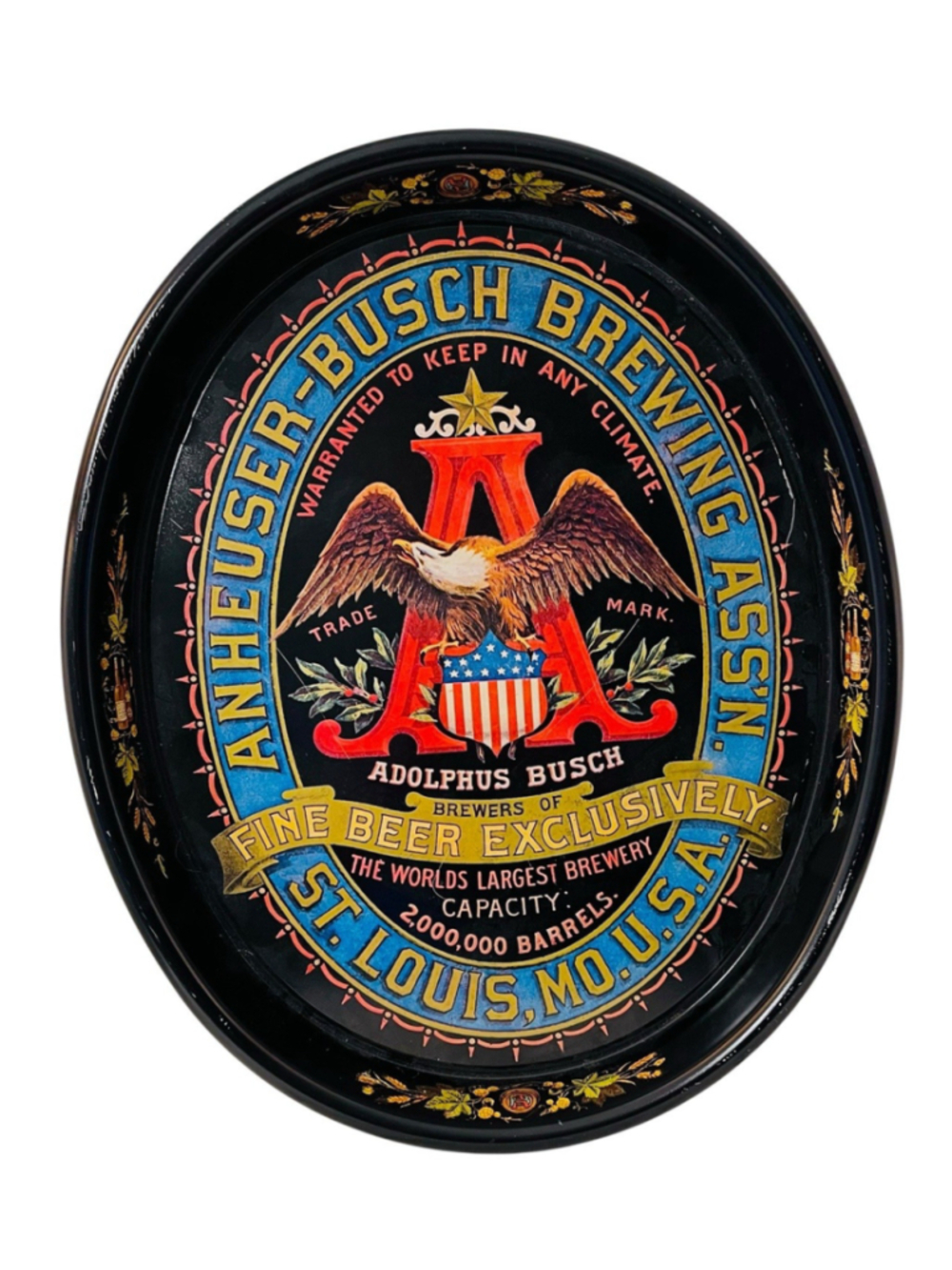 Vintage Anheuser-Busch Metal Beer Tray Black Oval St. Louis Eagle Adolphus Busch